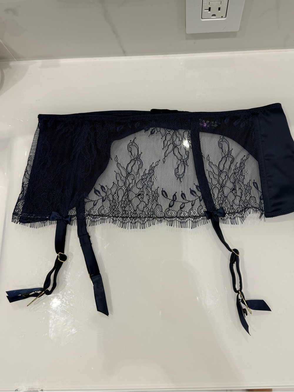 Maison-close, Sheer Navy Lace Garter Belt - Women Intimates, size L - Picture 6 of 10